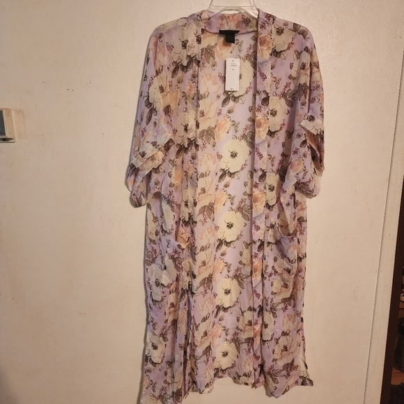 Steve Madden Long Sheer Lavender Floral Kimono Cardigan w/ Pockets One Size NWT - Picture 1 of 12